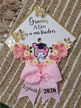 Personalized Kids Graduation Cap Decor - Pink Floral Bow